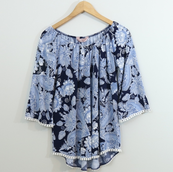 SJS Printed Textured Jersey Crochet Trim Boho Top - Picture 2 of 8